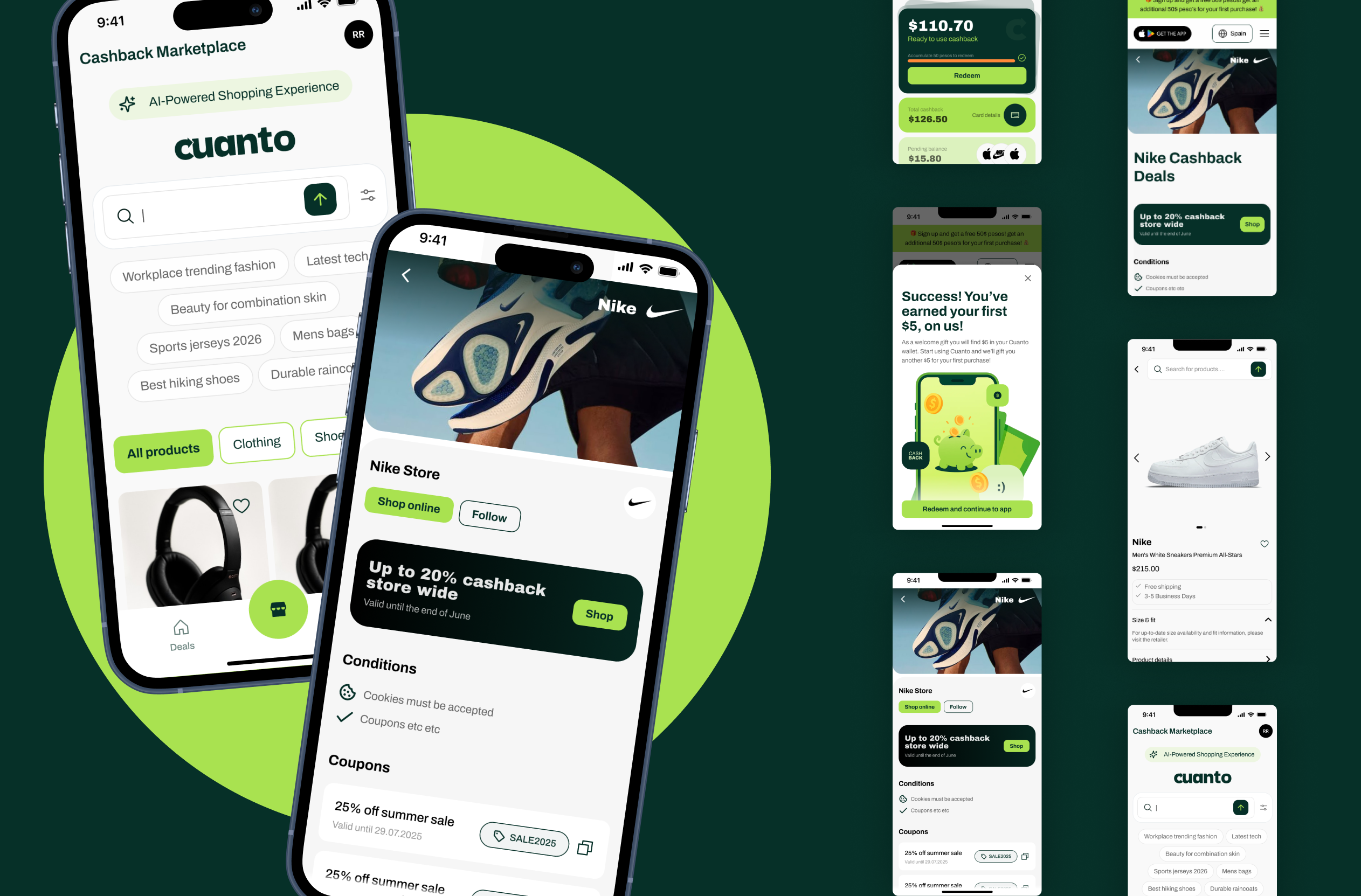 Cuanto mobile app — cashback marketplace and store screens