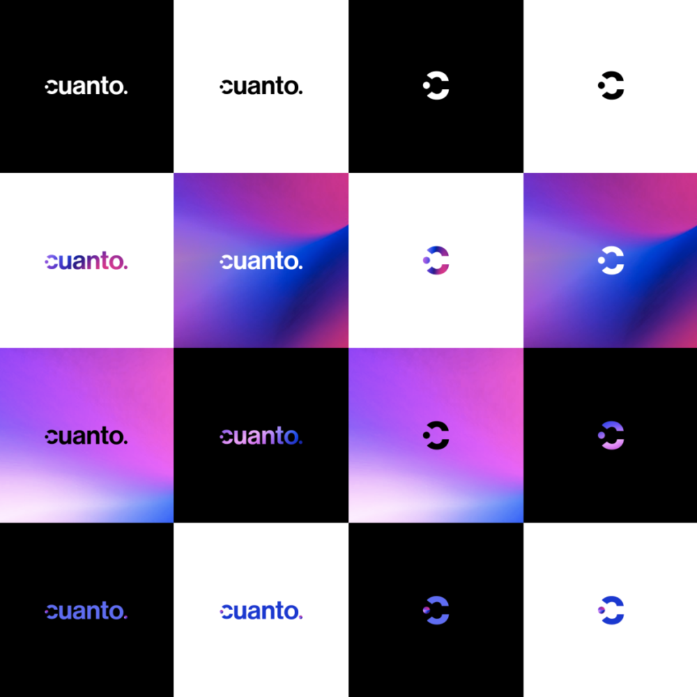 Cuanto evolved brand system — logo lockups and gradients