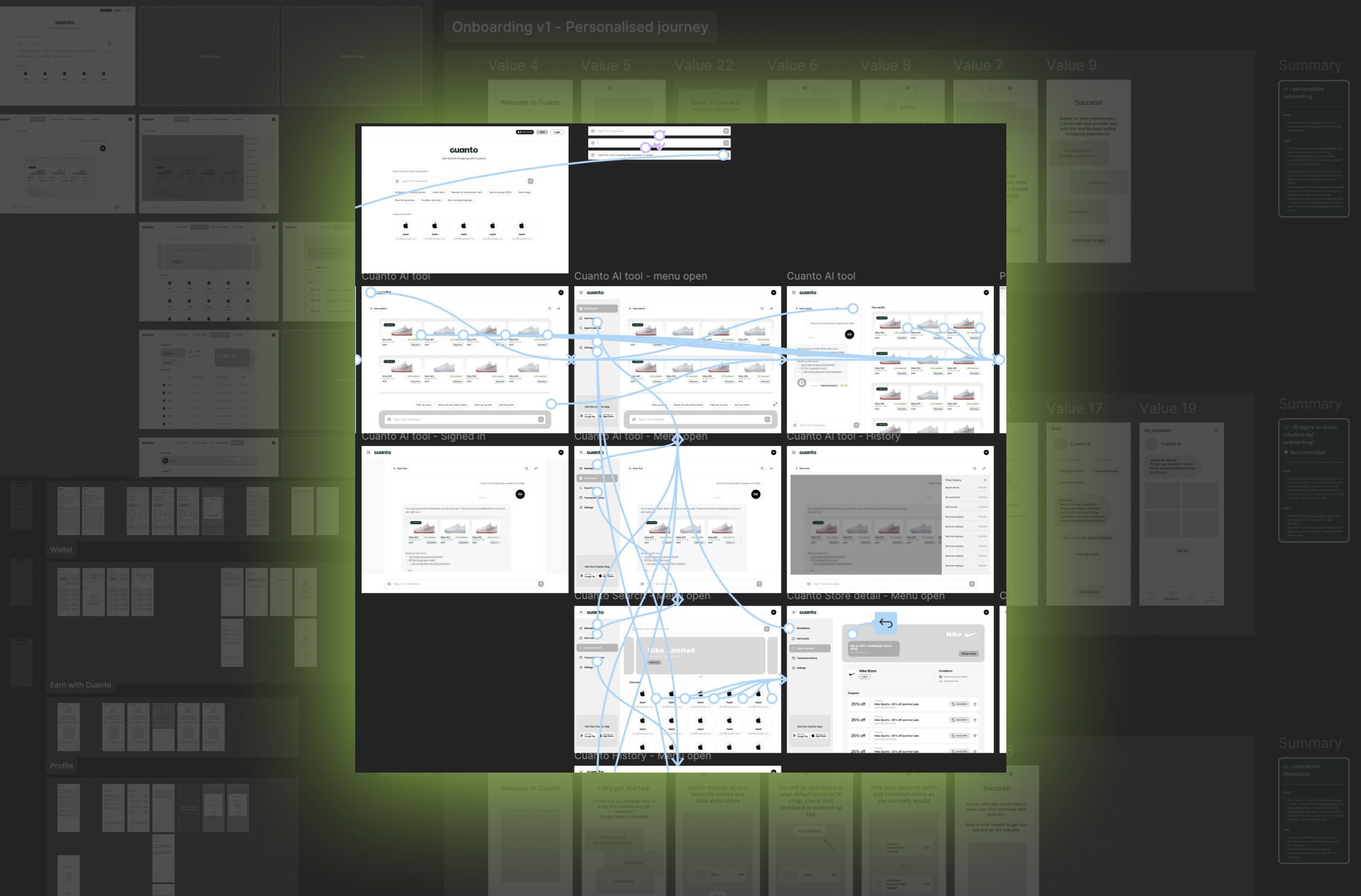 Cuanto UX flows, wireframes and onboarding explorations