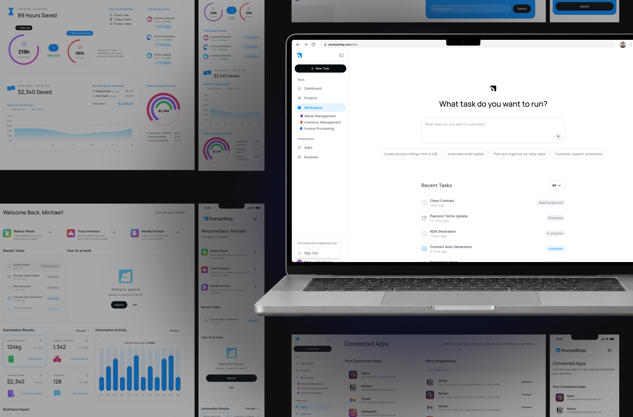 PromptShop — workspace & dashboard UI