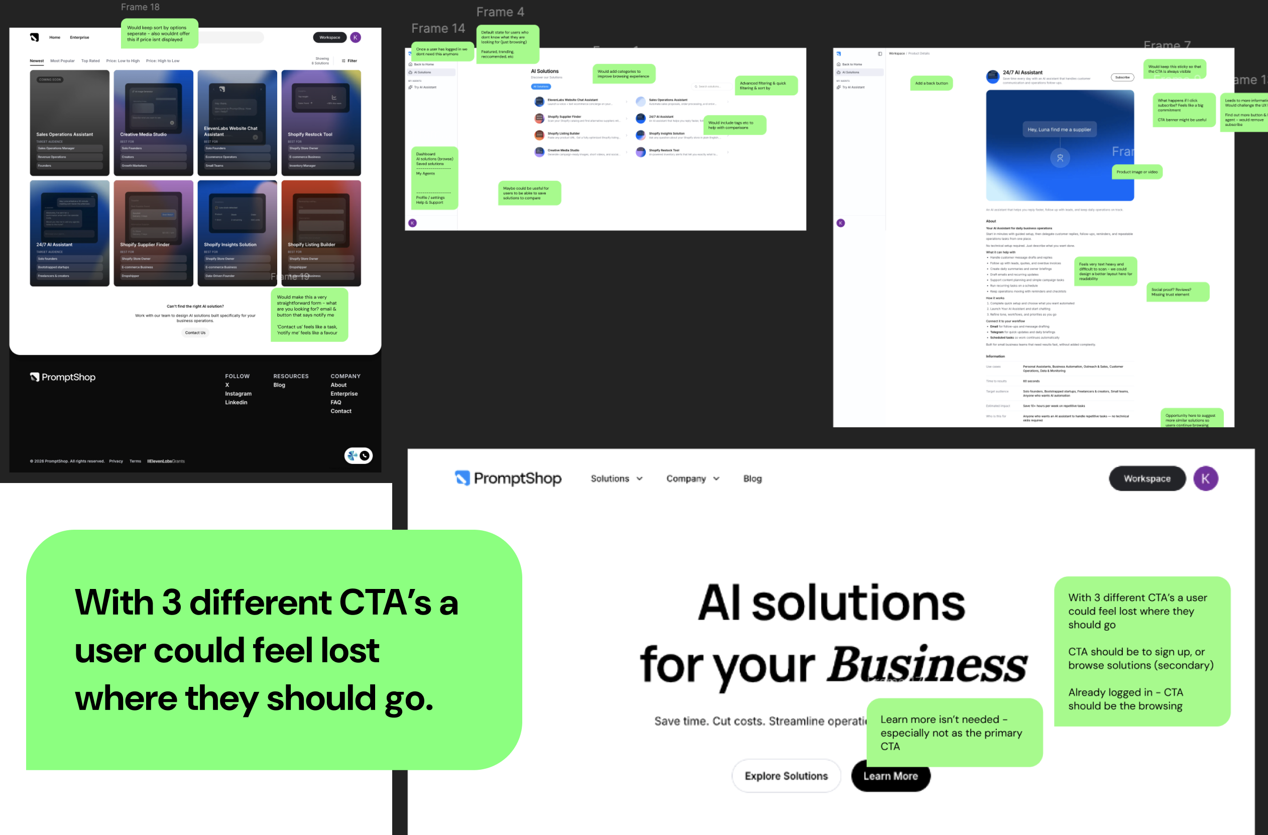 PromptShop — original landing & dashboard with audit notes